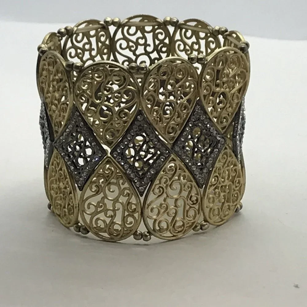 GOLD SILVER TONE FILAGREE STRETCH RHINESTONES CRYSTALS bracelet‎